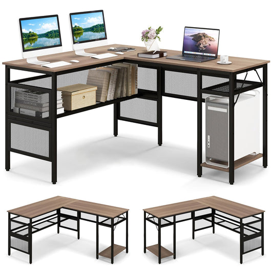 COSTWAY L-förmiger Schreibtisch, reversibler Eckschreibtisch mit Gitterregalen & CPU-Ständer, Ecktisch, Computertisch, Bürotisch für Home Office, 140 x 120 x 74 cm