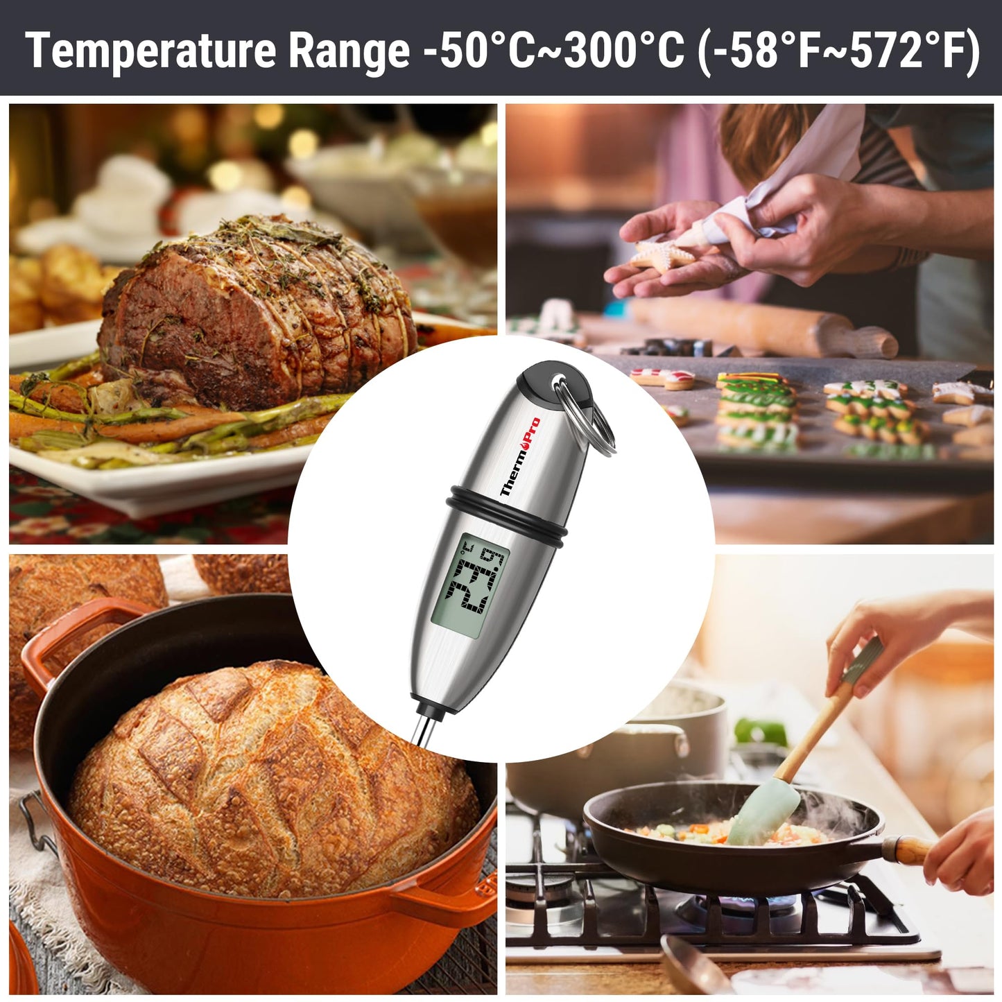 ThermoPro TP02S Digitales Bratenthermometer Fleischthermometer Thermometer Kochen Küchenthermometer Grillthermometer mit langer Sonde, für Braten, Kochen, Grillen/BBQ, Backen, Baby-Ernährung