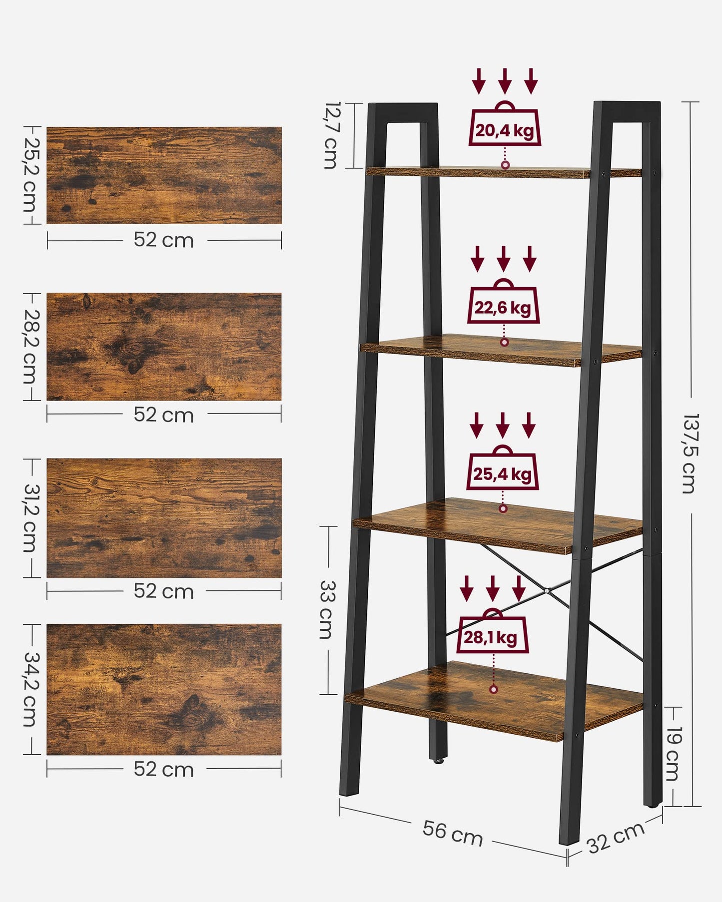 VASAGLE Regal, Bücherregal mit 4 Ebenen, Leiterregal, Standregal, für Wohnzimmer, Schlafzimmer, Küche, Homeoffice, Industrie-Design, Stahlrahmen, vintagebraun-schwarz LLS44X, 56 x 34 x 137.5 cm