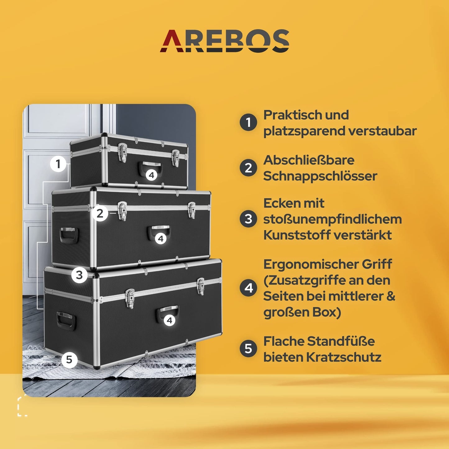 Arebos 3er Set Transportkoffer | Aluminium | 200 L Gesamtvolumen | abschließbar | inkl. Tragegriffe | Wasserdicht | Transportboxen | tragbarer Transportkoffer