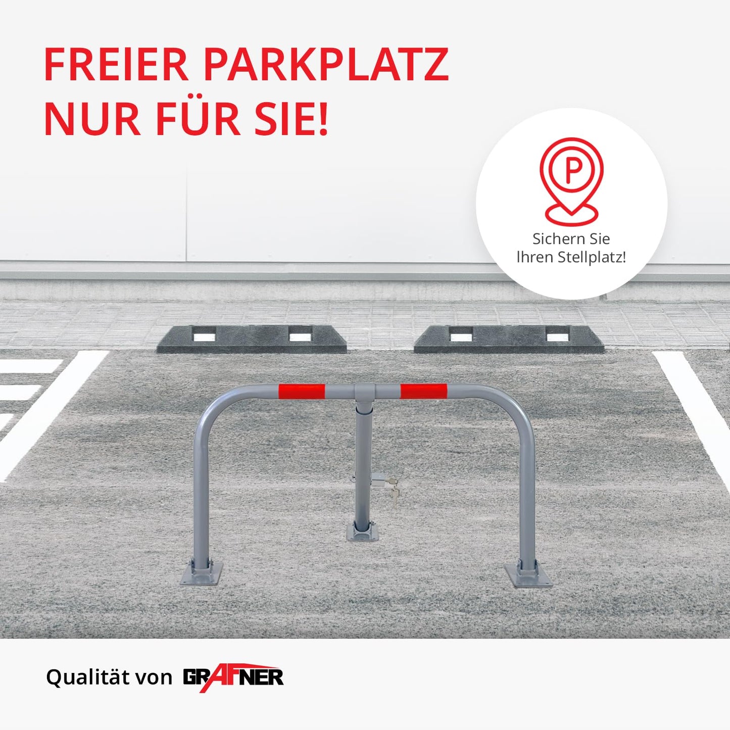 Grafner Parkplatzsperre klappbar mit Schloss und 3 Schlüssel, stabiles Stahlrohr mit Pulverbeschichtung, Parkplatzbügel Parkplatzblockierer Parkpfosten Sperrpfosten Parkbügel Poller Absperrpfosten