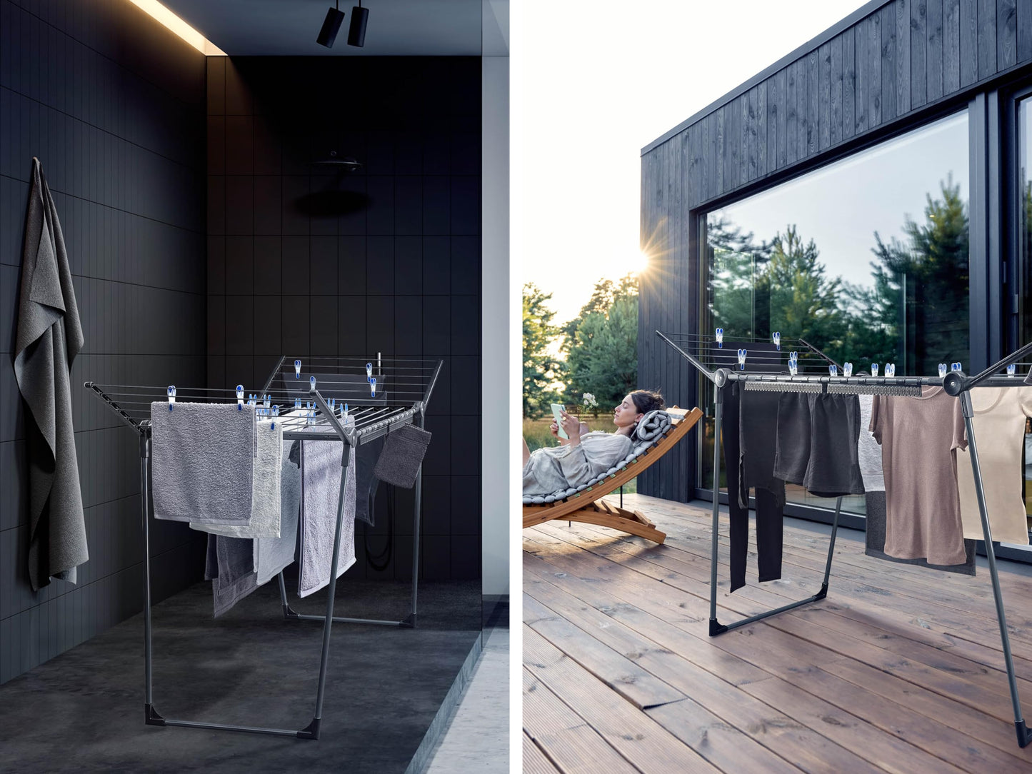 Leifheit Wäscheständer Pegasus 180 Solid Black, schwarzer Standtrockner mit Flügeln für lange Kleidungsstücke, standfester Wäschetrockner Ständer für drinnen und draußen, Wäschereck in modernem Design
