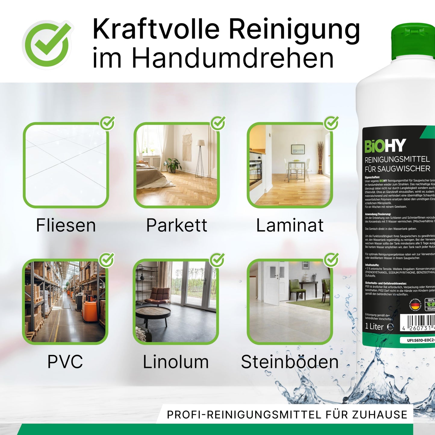 BiOHY Reinigungsmittel für Saugwischer mit Frischeduft (9 x 1 Liter) + Dosierer | 1:200 Konzentrat für alle Nass-Trockensauger | ideal für Fliesen, PVC, Parkett, Laminat & Teppich | streifenfreier