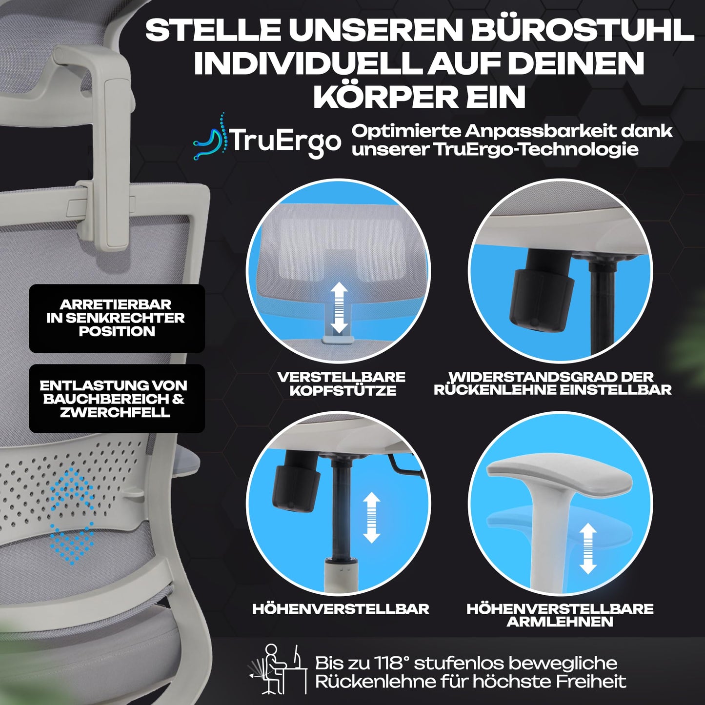 VALKENSTOL M2 Bürostuhl Ergonomisch mit individuell konfigurierbarer Armlehne und Kopfstütze für maximale Bewegungsfreiheit - bequemer ergonomischer Schreibtischstuhl für Büro und Home Office Chair