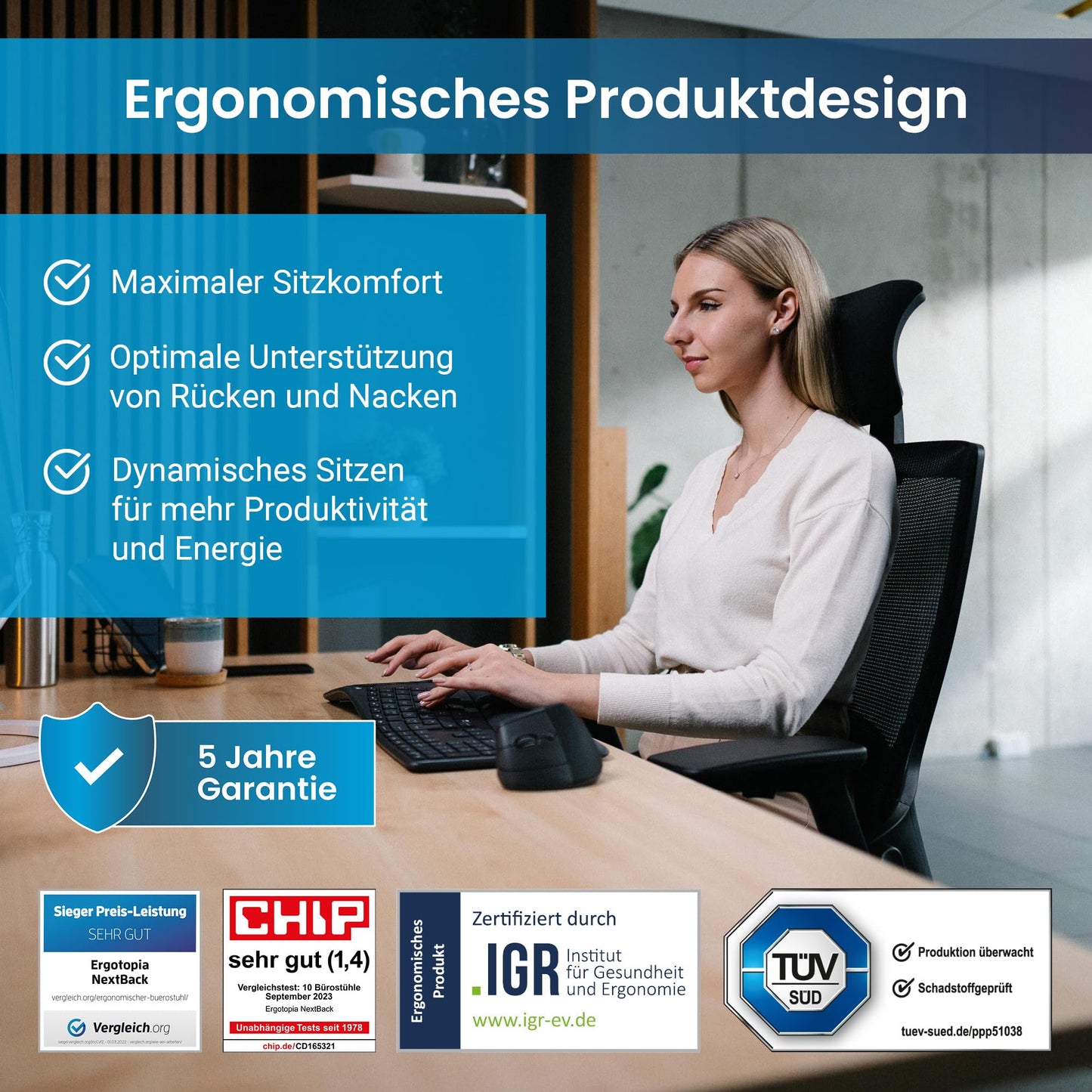 Ergotopia NextBack | Ergonomischer Bürostuhl gegen Rückenschmerzen | Schreibtischstuhl ergonomisch | Zusätzliche Kopfstütze gegen Nackenschmerzen - 5 Jahre Garantie