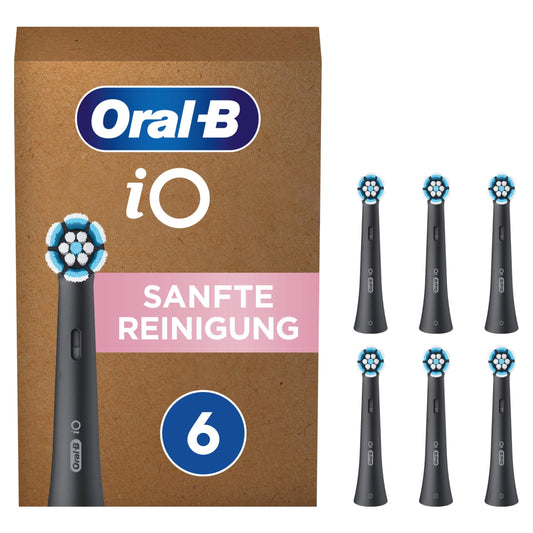 Oral-B iO Sanfte Reinigung Aufsteckbürsten für elektrische Zahnbürste, 6 Stück, sanfte Zahnreinigung, original Zahnbürstenaufsatz für Oral-B iO Zahnbürsten, briefkastenfähige Verpackung, Schwarz