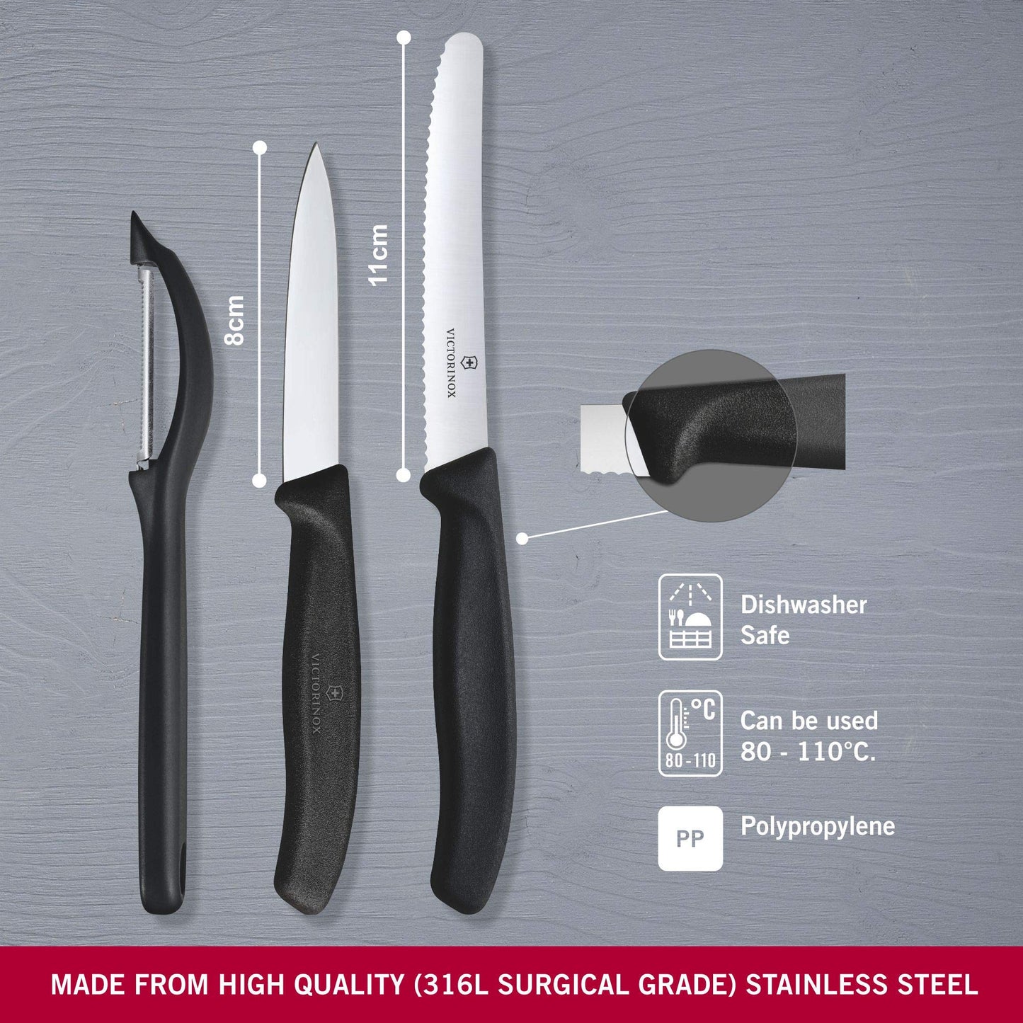 Victorinox, Swiss Classic, Profi Gemüsemesser Set mit Schäler, 3-teilig, , Robuster Kunststoffgriff, schwarz