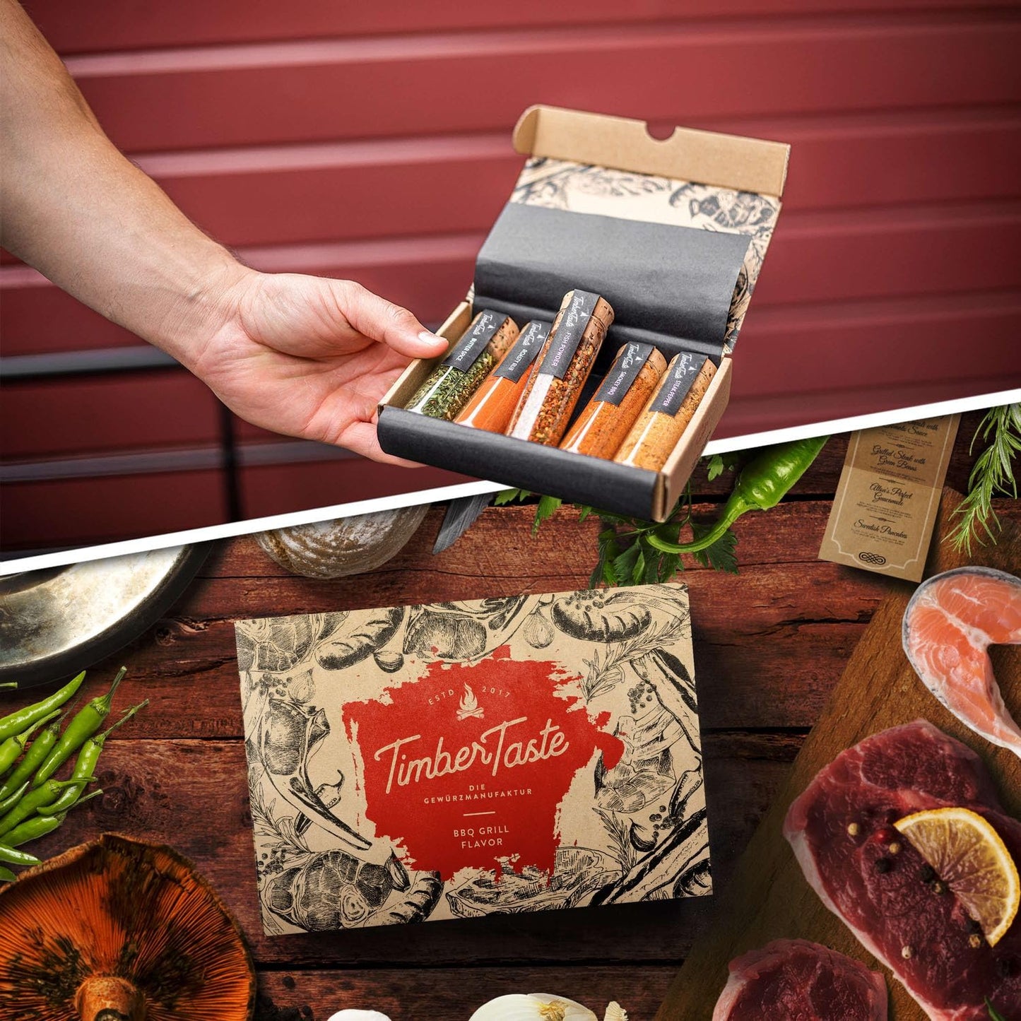 TIMBER TASTE® Grill Gewürze Geschenkset Männer | 5 erlesene BBQ Grillgewürze inkl. Rezepte | Grill Zubehör Ostern Geschenke für Männer | Gewürze Set Ostergeschenke für Erwachsene | Gewürzset