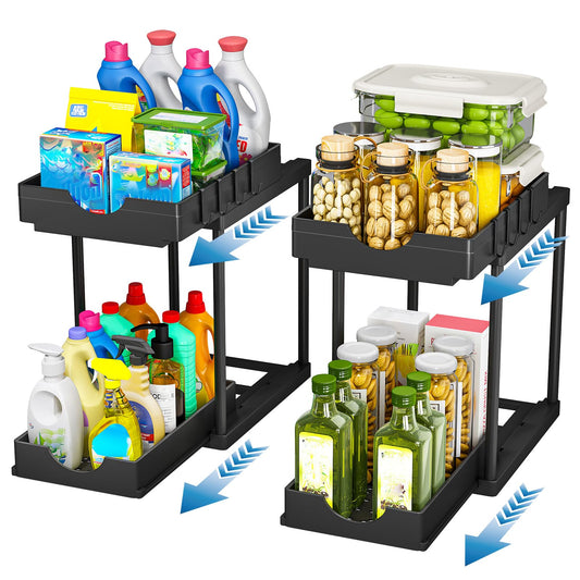 StowBin Küchen Organizer, 2 Pack Unter Waschbecken Regal mit 4 Haken, Spülschrank Organizer, Badezimmer Organizer, Schrank Organizer, Ordnungssystem für Küche