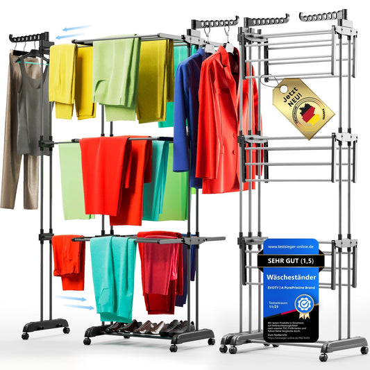 Evoty Wäscheständer Turm Klappbar, Ausziehbar & Platzsparend | Wäscheturm, Turmwäscheständer Hoch, Clothes Drying Rack 4 Etagen & 5 Wäschebügel inklusive
