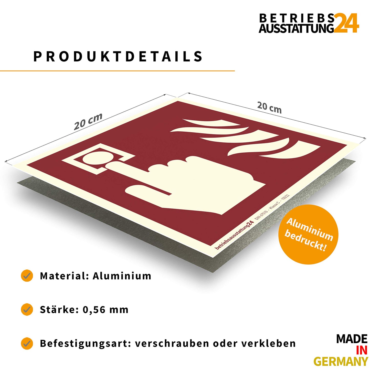 Brandmelder Schild | Aluminium langnachleuchtend | Größe: 20 x 20 cm | Symbol Schild l DIN 67510 Klasse C | Leuchtdichte 150 mcd | Brandschutzschild Brandschutzzeichen | Betriebsausstattung24®