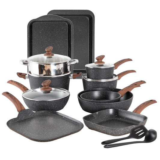Kitchen Academy Topfset 17-teiliges Induktions-Kochgeschirr-Set mit Glasdeckeln und Granitbeschichtung inkl. Pfannen und Töpfe (schwarz 17 tlg)