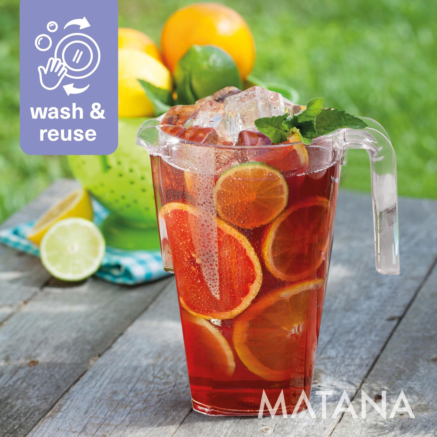 MATANA 6 Kunststoff Krüge (Durchsichtig, 1,5L) - Wasserkrug, Cocktail Krug, Saftkanne, Wasserkanne, Karaffe Plastik, Wasserkaraffe - Geburtstage, Hochzeiten, Grillpartys - Stabil & Mehrweg