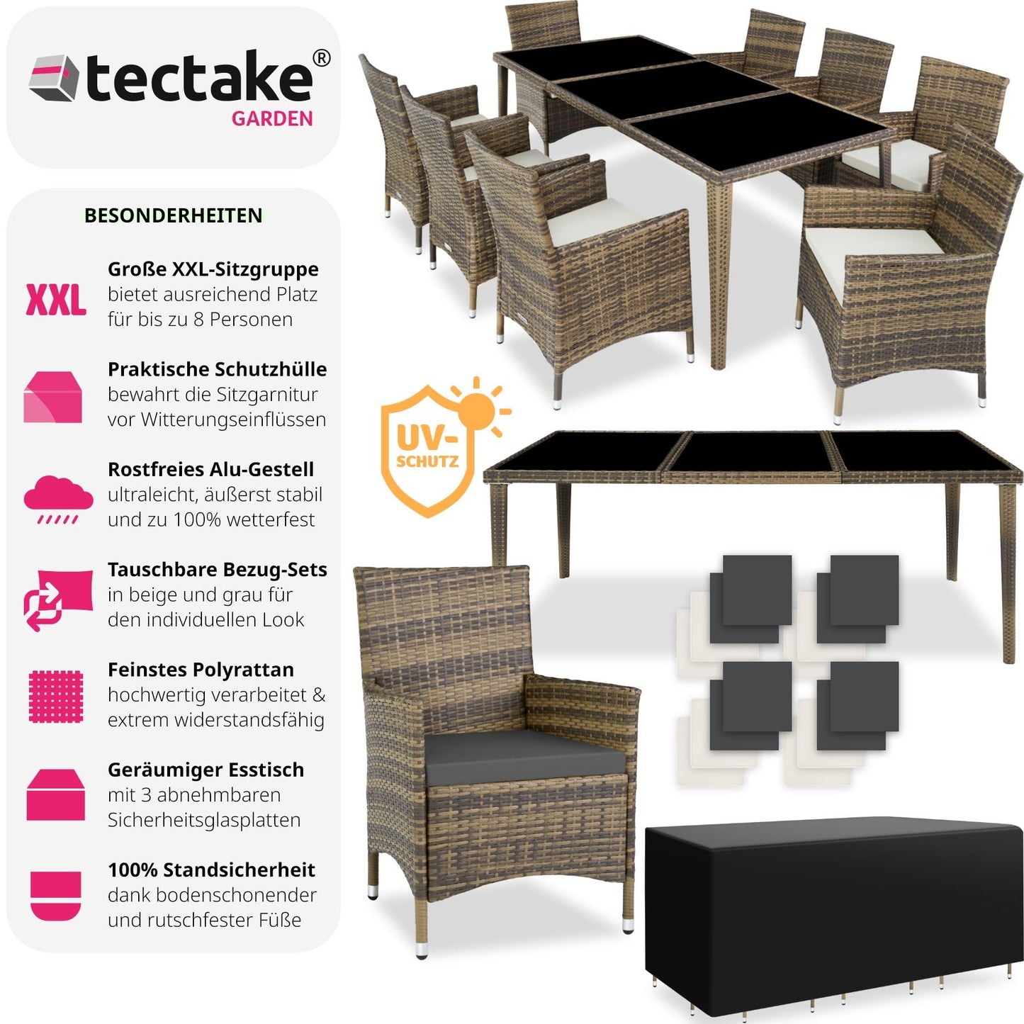 tectake Aluminium Poly Rattan Gartenmöbel Set 8 Stühle mit Tisch mit Glasplatten, inkl. 2 Bezugssets und Schutzhülle, wetterfeste Balkon Möbel - Natur
