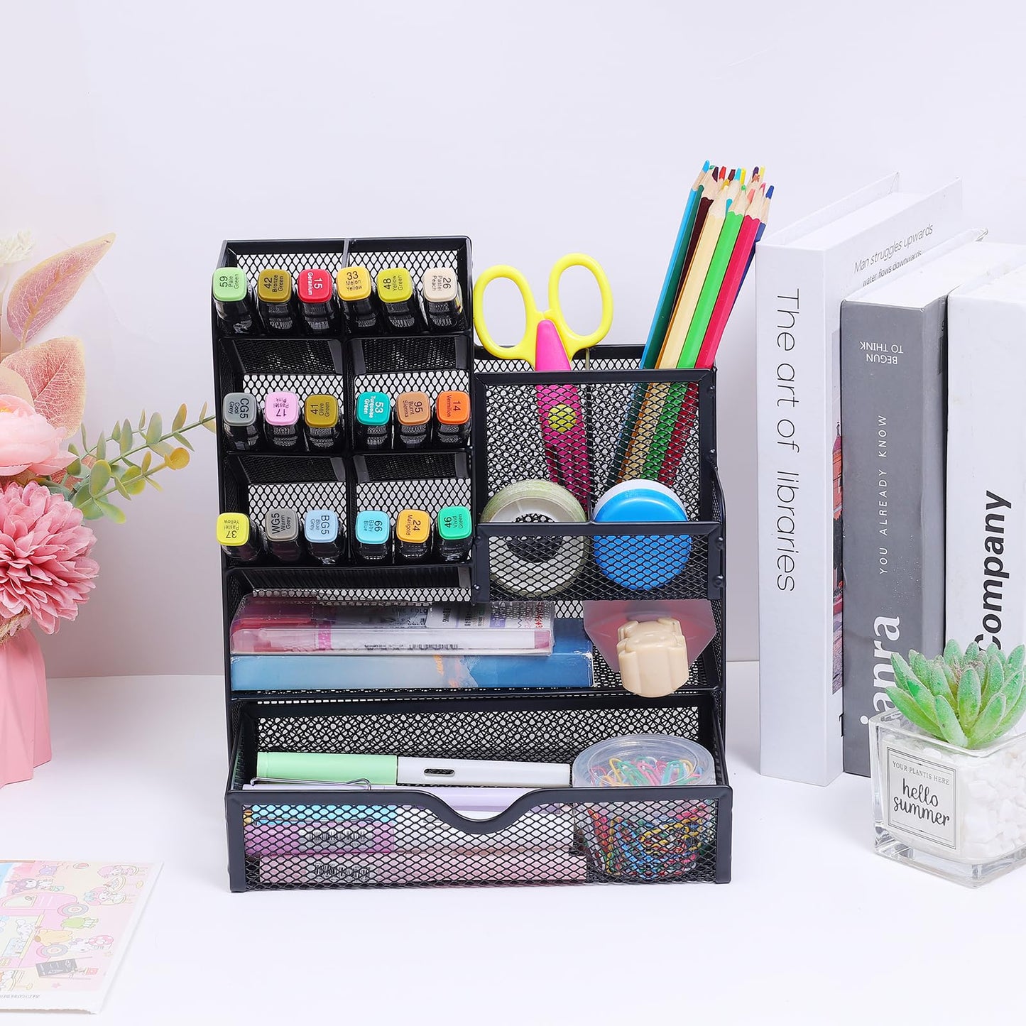 Vikmyer Mesh Stifthalter Organisator mit Schublade, Multifunktionaler Bleistifthalter für den Schreibtisch, Schreibtisch-Organizer und Zubehör für Büro, Schule, Kunst und Zubehör (S)