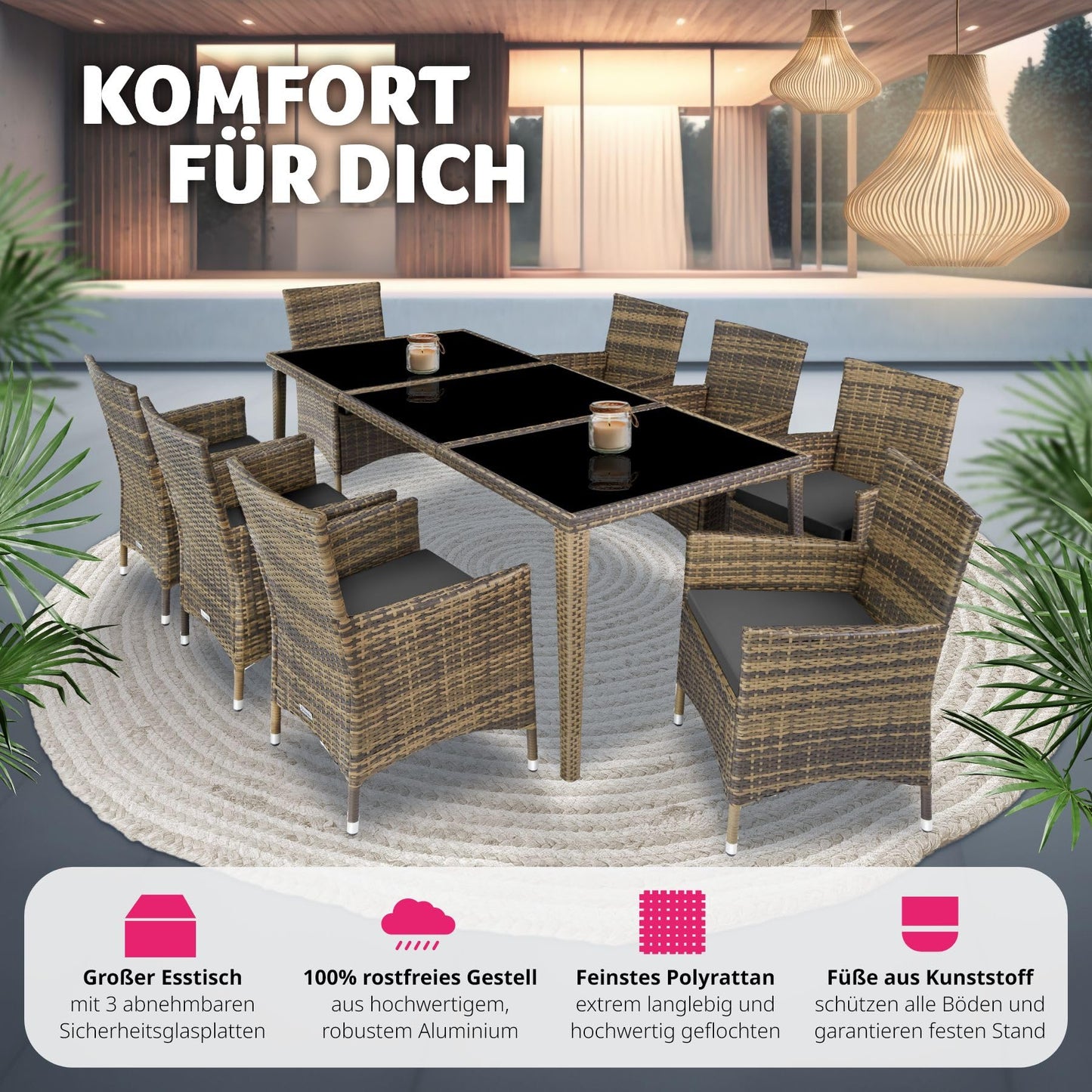 tectake Aluminium Poly Rattan Gartenmöbel Set 8 Stühle mit Tisch mit Glasplatten, inkl. 2 Bezugssets und Schutzhülle, wetterfeste Balkon Möbel - Natur