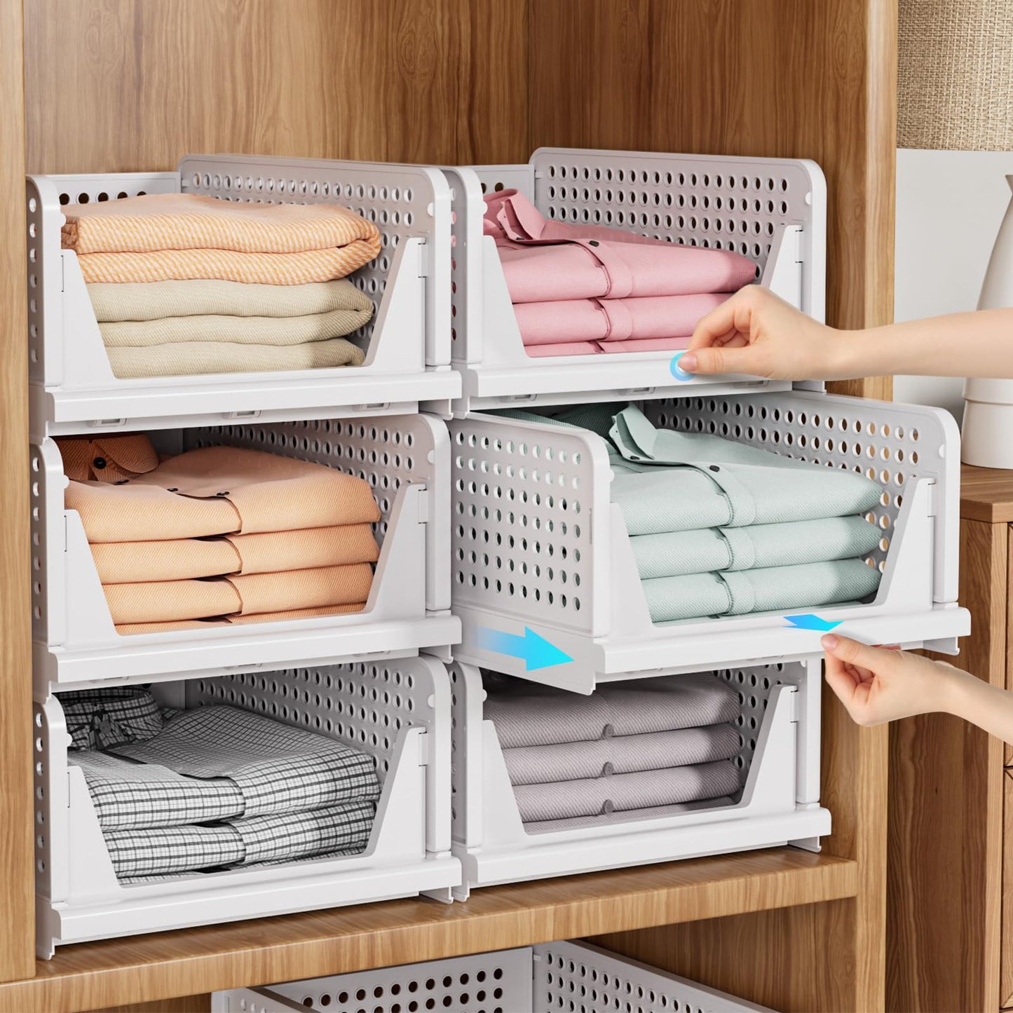 SNSLXH 5 Pack Stapelbar Schrank Kleiderschrank Organizer, Multifunktionale & Faltbare Schrank Organizer für Bad Küche Kleiderschrank Lagerung, Platzsparende Schrank Schublade aufbewahrungsbox, Weiß