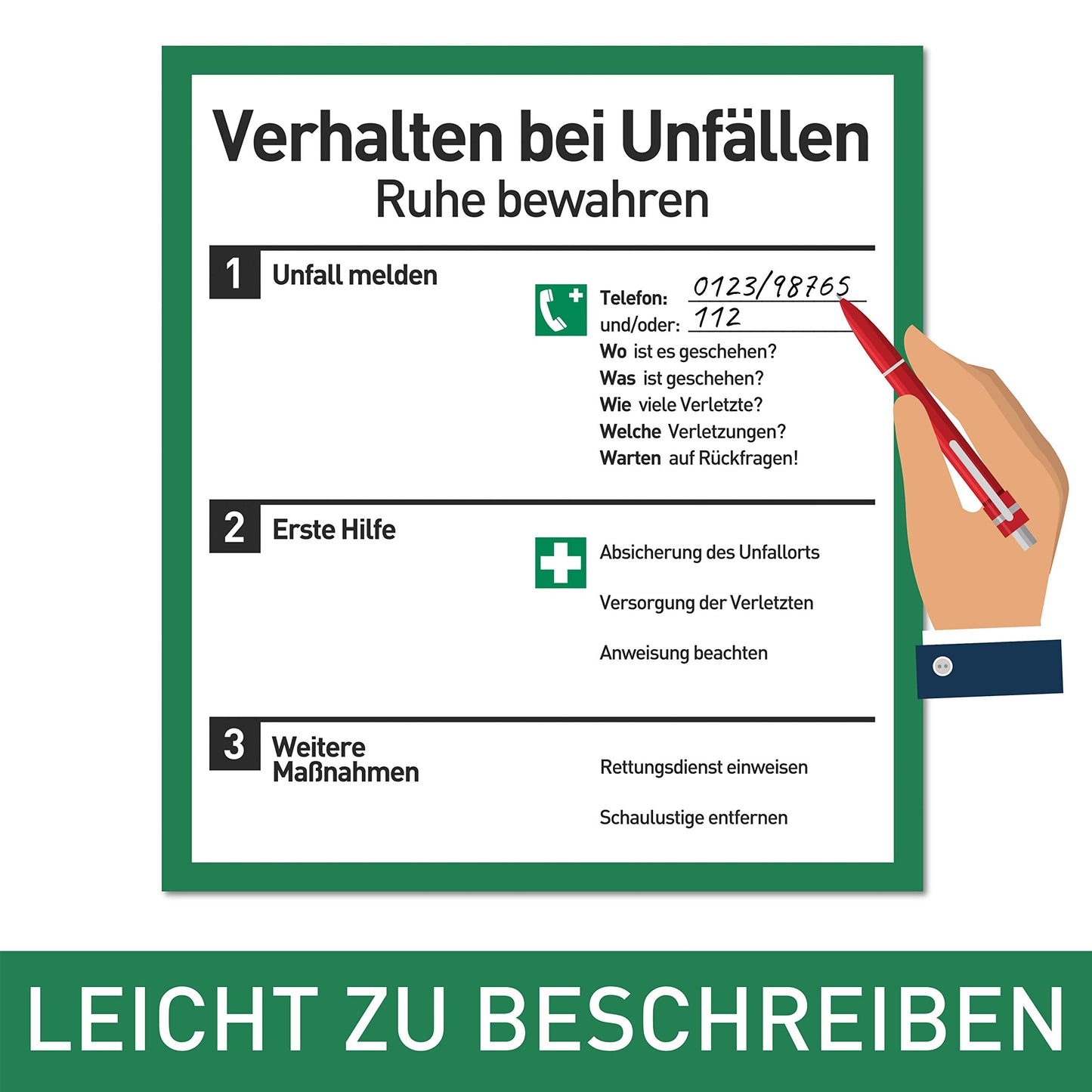 Verhalten im Brandfall und bei Unfällen (Schilder Set - 18x20cm) - Plakat für Büro und Betrieb nach ISO 7010 - Erste Hilfe Schild für Brand und Unfall - Aushang Notfallplan für Brandschutz
