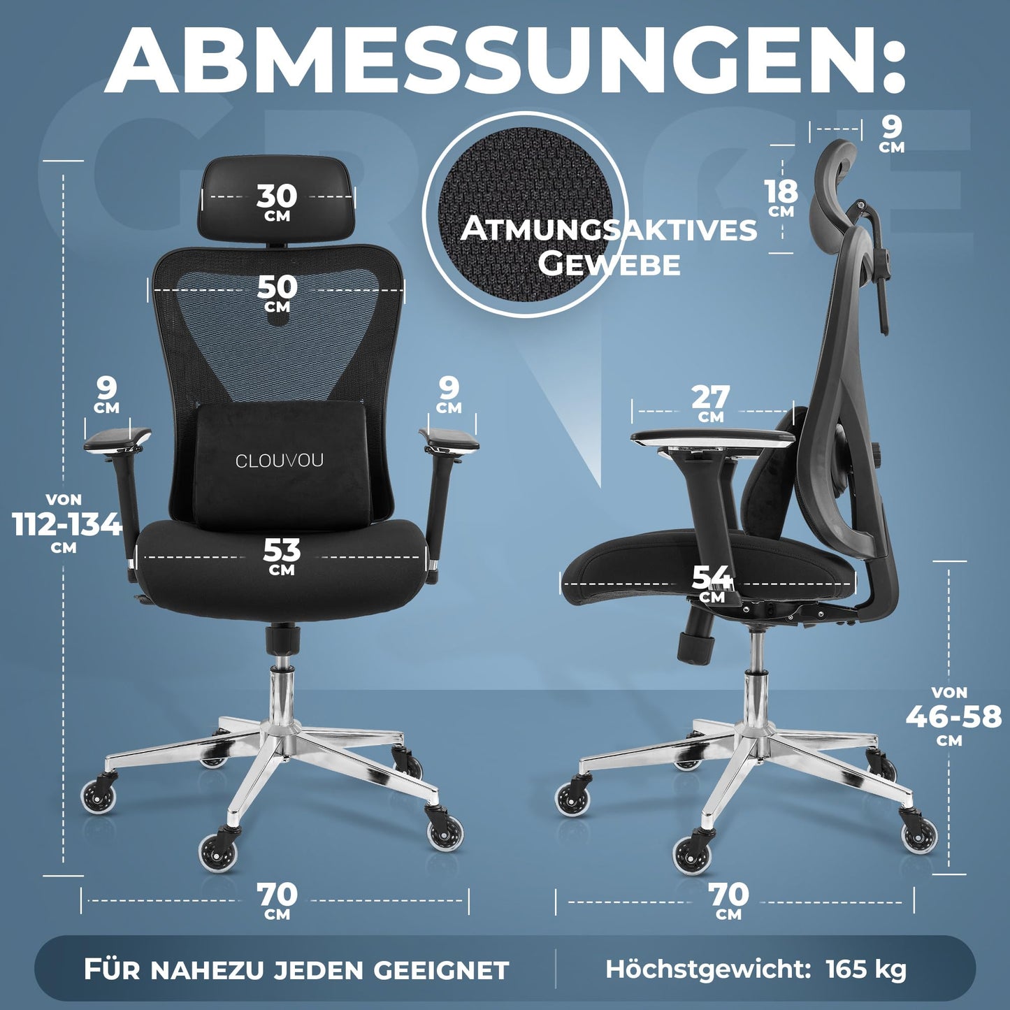 CLOUVOU CleverSeat Bürostuhl Ergonomisch [TESTSIEGER] Schreibtischstuhl 100% individuell einstellbar | Büro Stuhl & Gaming Stuhl | Computerstuhl Home Office Chair Ergonomic | Drehstuhl 150 kg