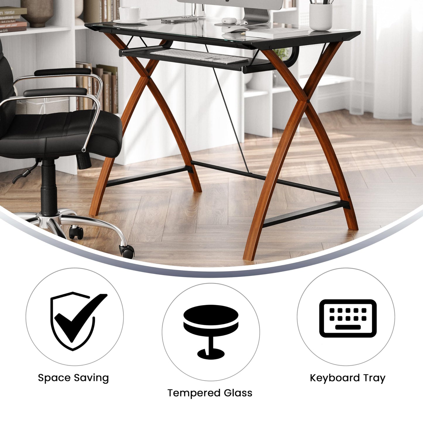 Flash Furniture Schreibtisch mit Glasplatte & Kirschholzgestell, 99×59×73 cm