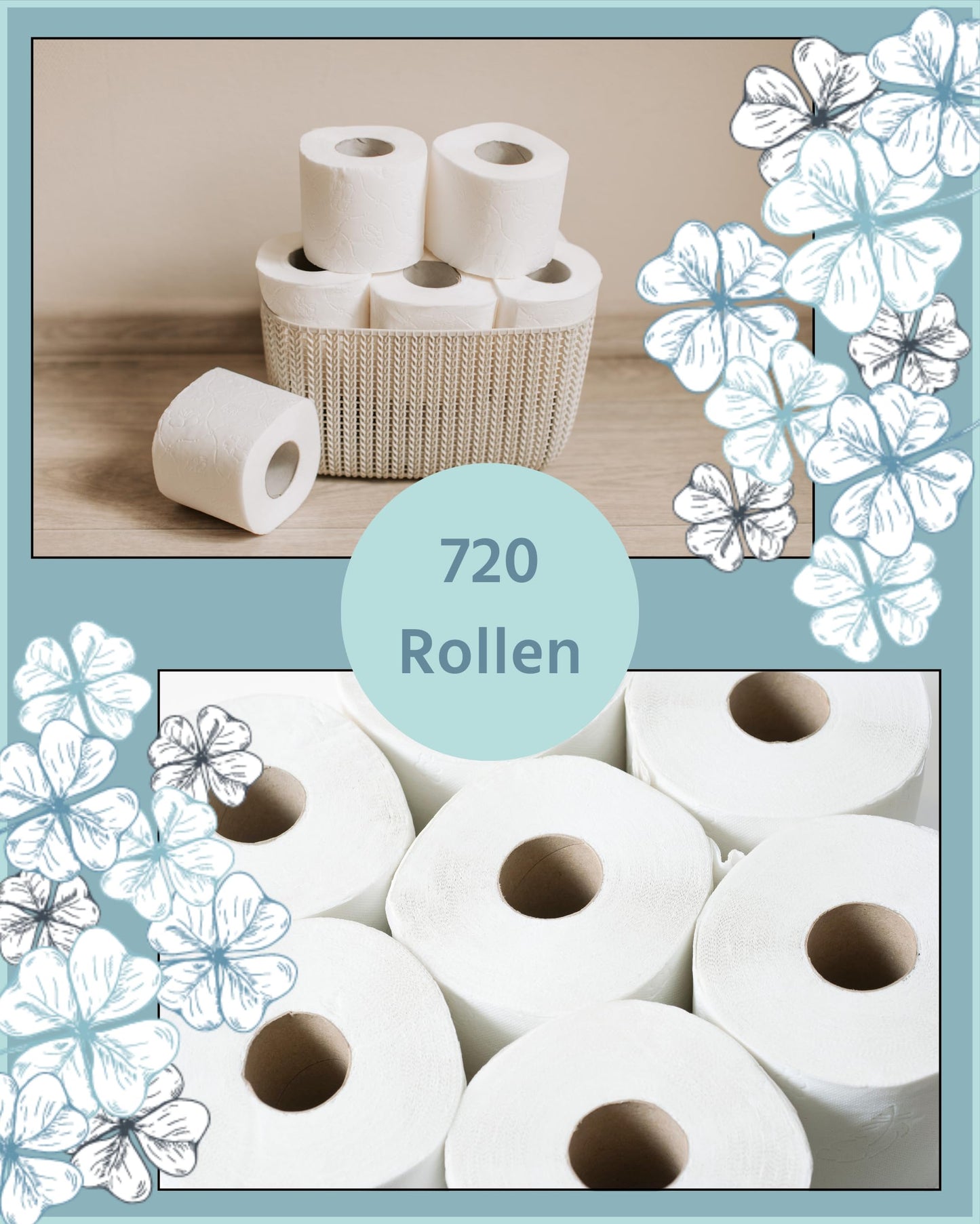 Glücksblatt Toilettenpapier KLASSISCH WEISS, 3-lagig, 720 Rollen x 150 Blatt, 100% Zellstoff, weiches Klopapier mit Glücks-Prägung, WC Papier, Palette, Verpackung aus mind. 30% PCR-Anteil