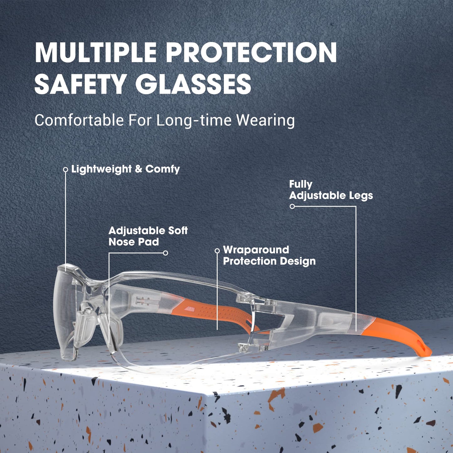 TOREGE Transparente Schutzbrille - Verstellbarer, beschlagfreier und kratzfester Nasensteg mit rutschfesten Gummigriffen - ANSI Z87 (Orange)