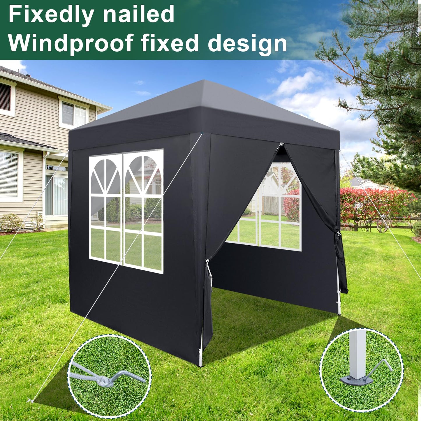 LEADZM 2x2m Pavillon,Pop-up,Winddicht,Wasserdicht,Faltpavillon,UV Schutz 50+,Höhenverstellbar,mit 4 Seitenteilen,für Outdoor, Garten, Party, Camping,Dunkelgrau