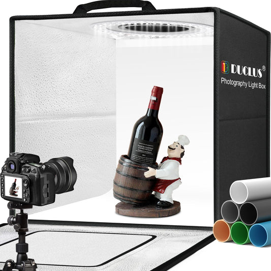 DUCLUS Fotobox zum Produktfotografie, 50x50x50cm Faltbare Fotostudio Set mit 216 LED Beleuchtung und 6 PVC Hintergründe für Schmuck-/Handwerks-/Kleinobjektfotografie