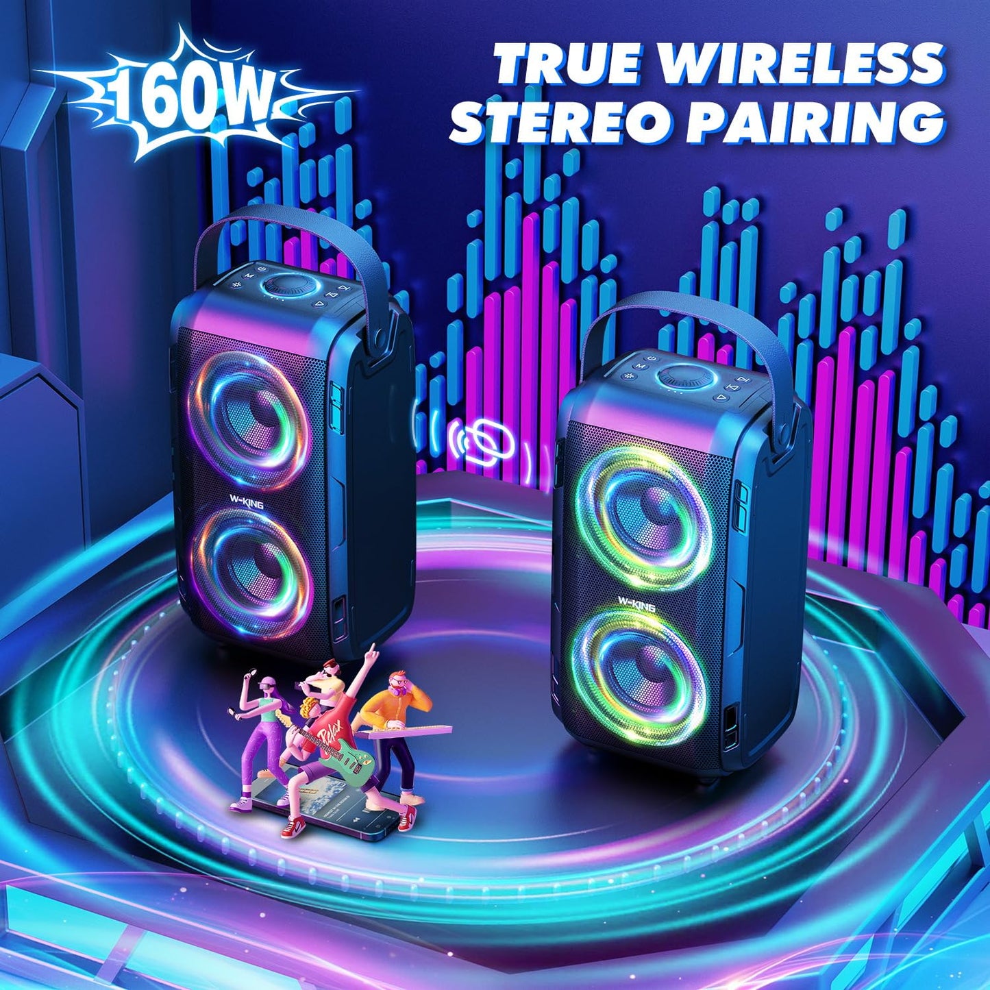 W-KING Bluetooth Lautsprecher mit 2 Vollfrequenztreiber– Superbass, Bluetooth Box Musikbox Party Lautsprecher mit 80 W und LED-Beleuchtung, 105dB-Sound, IPX5, 24 Stunden, U-Disk, TF-Karte, AUX, EQ