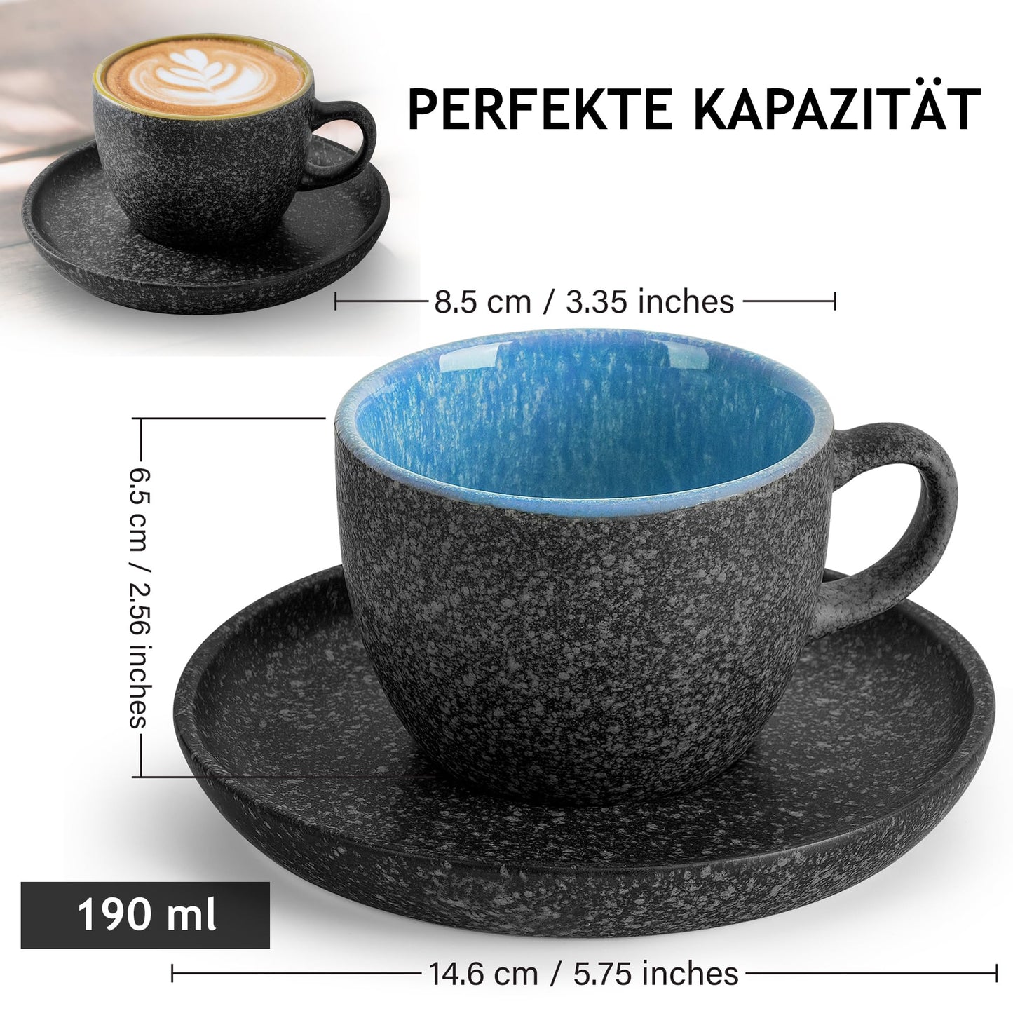 MIAMIO - 190 ml stapelbare Cappuccinotassen aus Keramik mit Untertassen und Metallständer - 6er Tassen aus Steingut für Kaffee, Americano, Latte, Café Mocha und Tee - Las Palmitas Collection