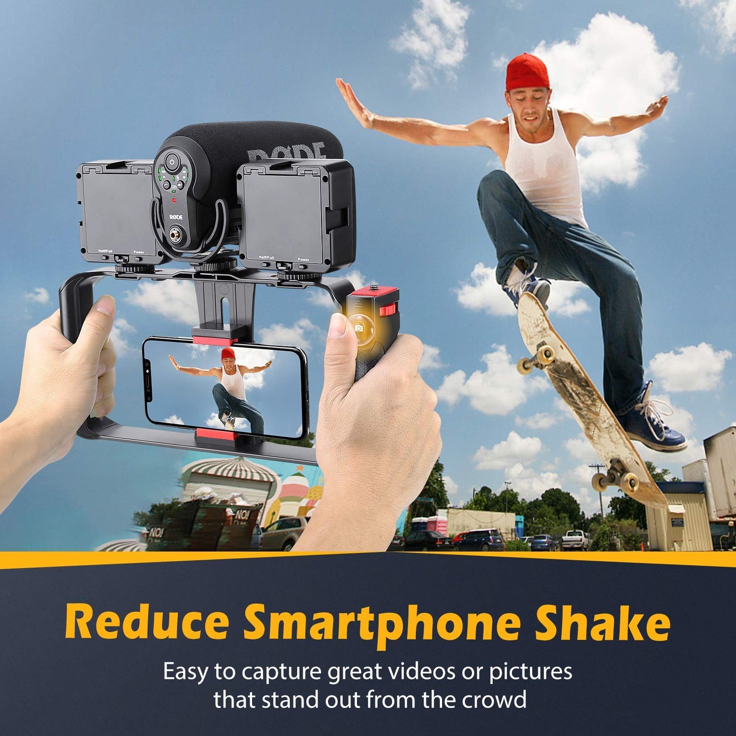 Zeadio Kabellos Smartphone Video Rig, Handgriff Griffstabilisator mit Fernbedienung für Video Maker Filmmaker Videographer, passend für alle iPhone- und Android-Smartphones
