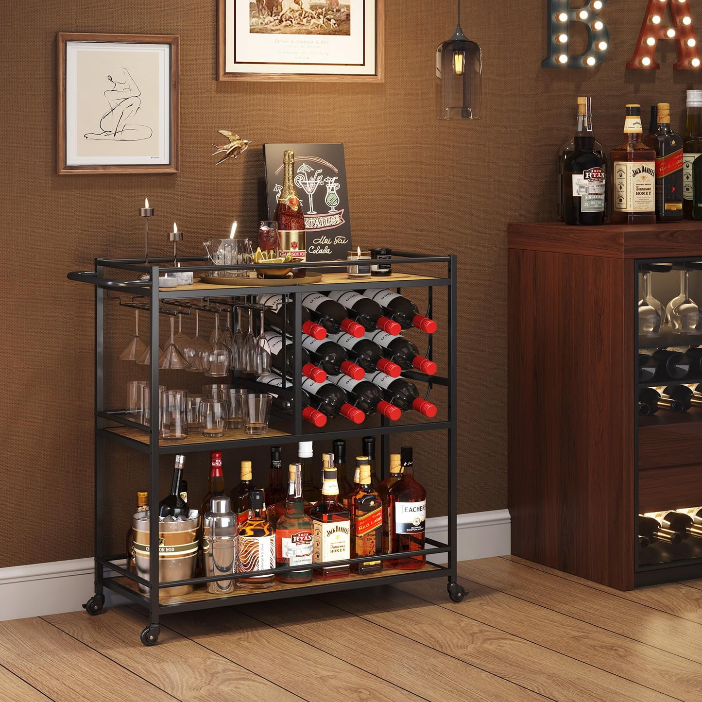Lifewit Servierwagen, Barwagen mit 3 Ebenen und feststellbaren Rädern, 12 Weinfächern und 3 Reihen Glashalter, Küchenwagen,Cocktailwagen für Esszimmer Wohnzimmer, 80,2 x 33,2 x 86 cm, Braun-Rustikal