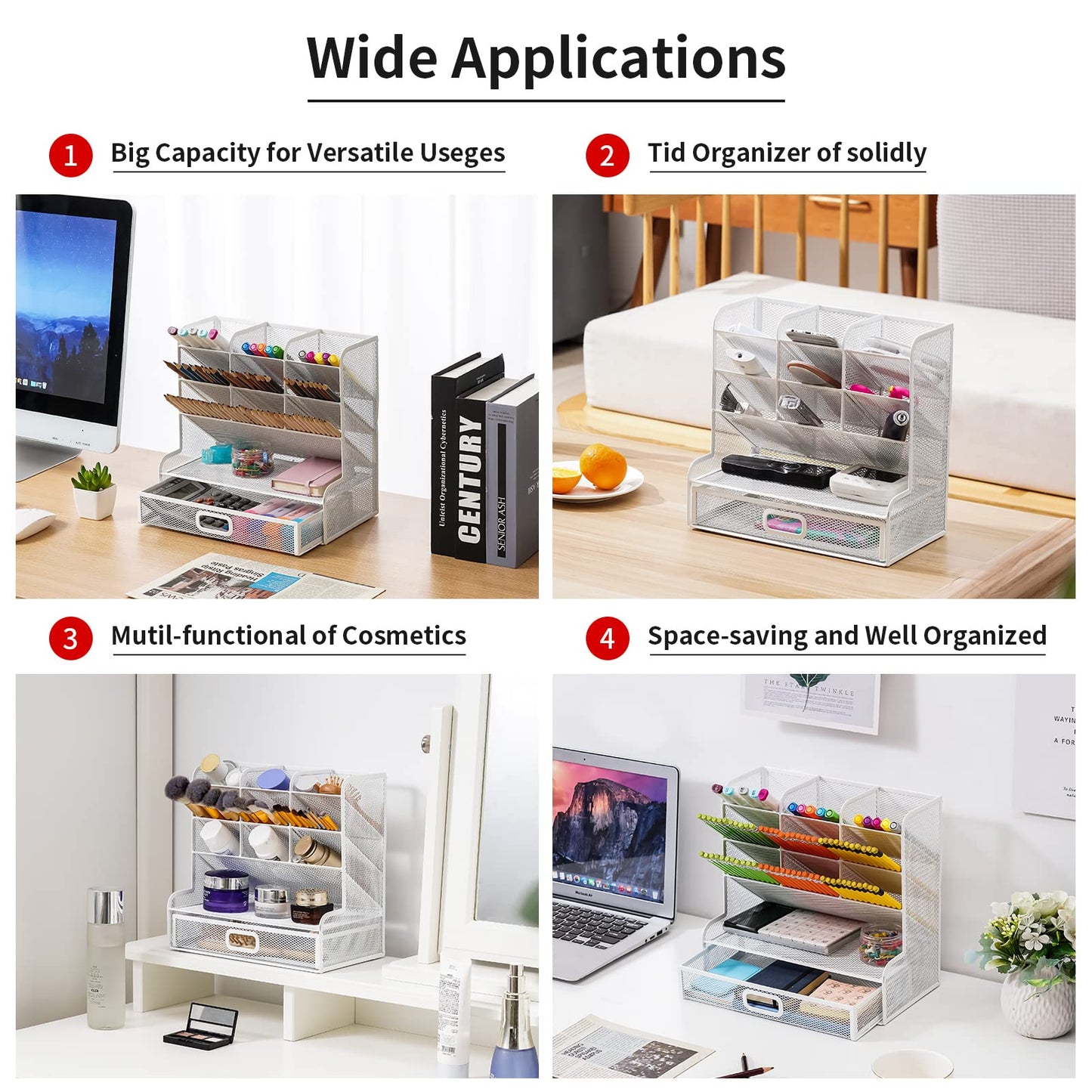 Marbrasse Schreibtisch-Organizer aus Netzstoff, Multifunktionaler Stifthalter,für Schreibtisch,Aufbewahrungsregal für Schule,Zuhause,Büro,Kunstbedarf (Mesh Pen Holder White with Drawer)