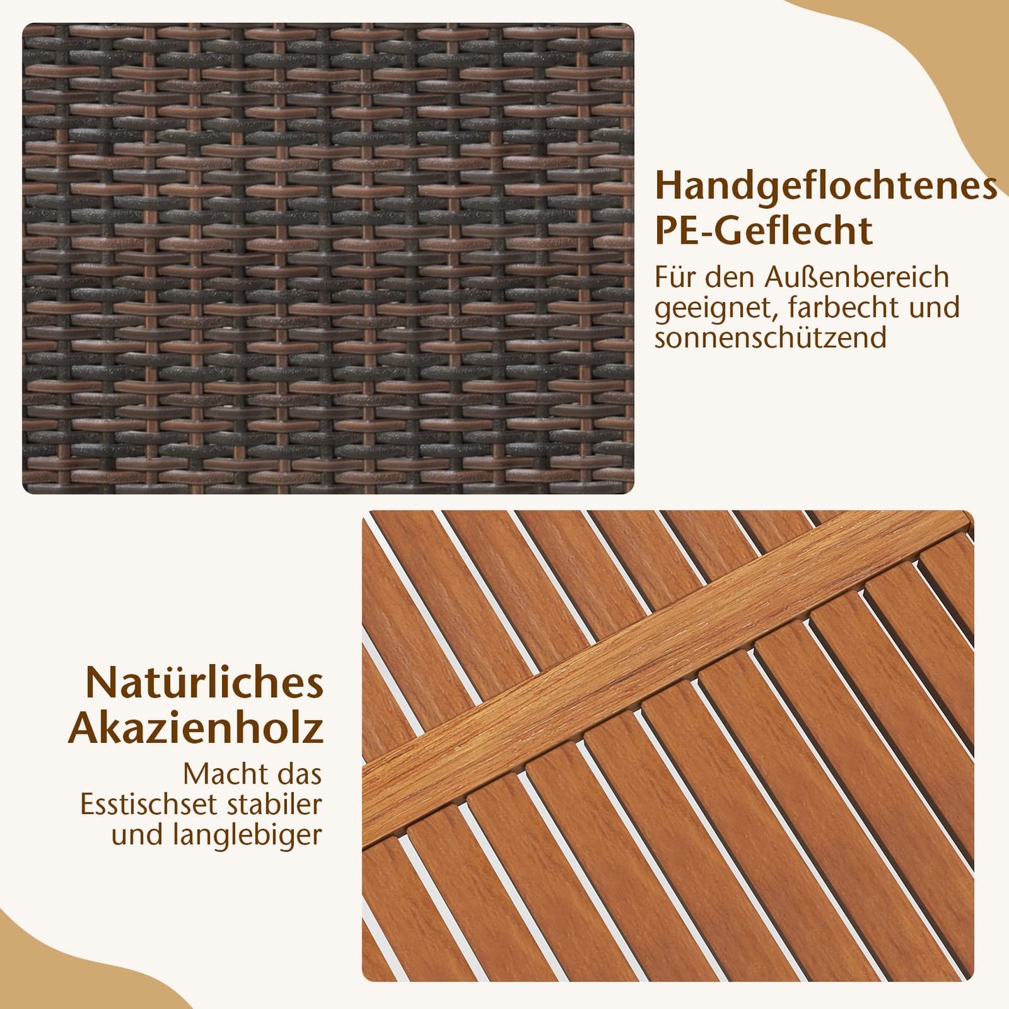 COSTWAY 7 TLG. Rattan Gartenmöbel Set, Sitzgruppe für 6 Personen, Gartentisch mit Tischplatte aus Akazienholz, 6 stapelbare Stühle & Kissen, Terrassenmöbel Set, Gartengarnitur, Sitzgarnitur, Essgruppe