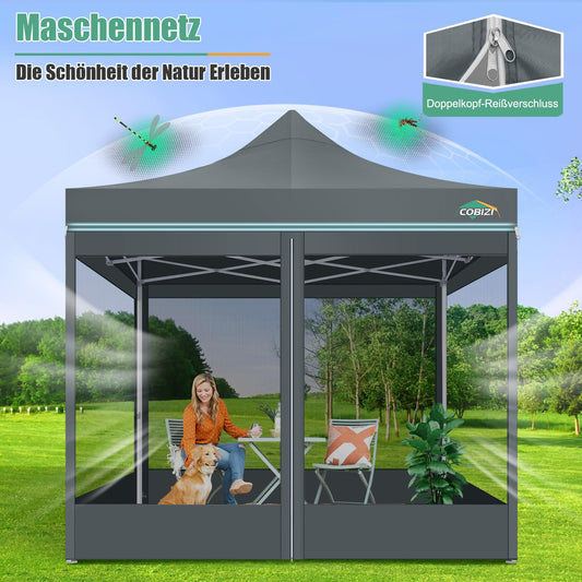 COBIZI Faltpavillon 3x3m wasserdicht (Grau) – Stabiles Gartenzelt mit 23mm Stahlrohren, UV50+ Sonnenschutz & atmungsaktiven Mesh-Seitenwänden für Camping, Partys & Marktstände + 600D Tragetasche