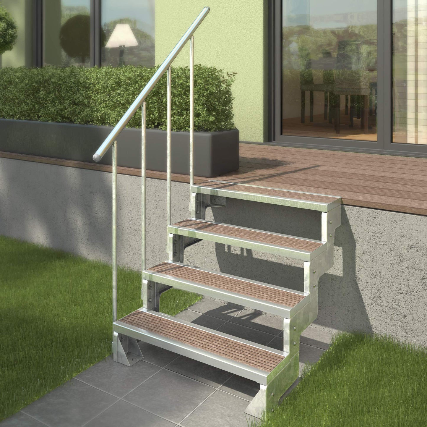 DOLLE Außentreppe Gardentop mit 7 Stufen | Geschosshöhe 126-154 cm │ Stufenauflage Einlegestufen │ Stufenbreite: 100 cm | mit Einzelstabgeländer