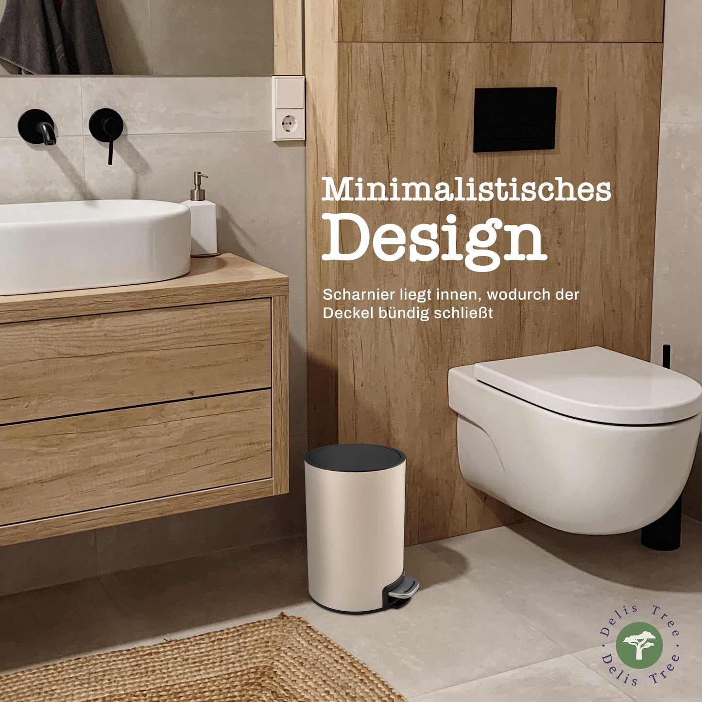 Delis Tree Mülleimer 5L, Tretmülleimer mit edlem Design & Softclose, Anti-Geruch Abfalleimer, für Bad Badezimmer Toilette Küche Büro, Müll Eimer Trash Haushalt Kosmetik Mülltonne Inneneimer (Schwarz)