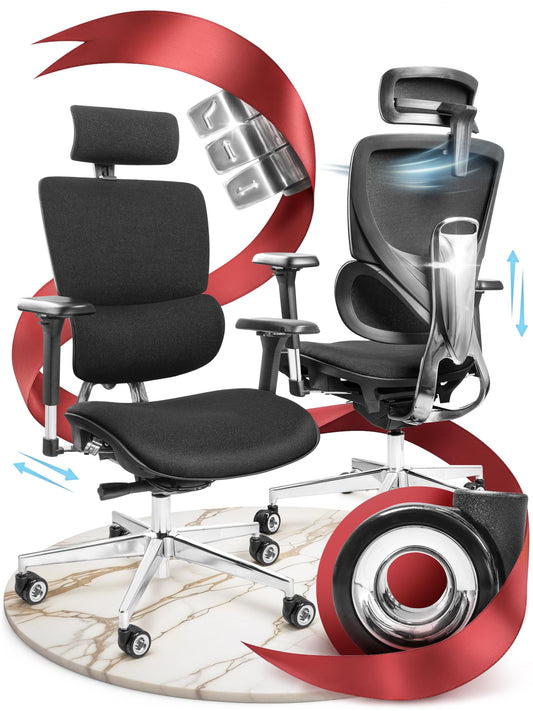 CLOUVOU MasterSeat Bürostuhl Ergonomisch | Schreibtischstuhl [QuantumFlex, 4D-Chrom-Metallarmlehne, Phantom Wheels] | Büro Stuhl, Computerstuhl Home Office Chair Ergonomic, Drehstuhl 150 kg