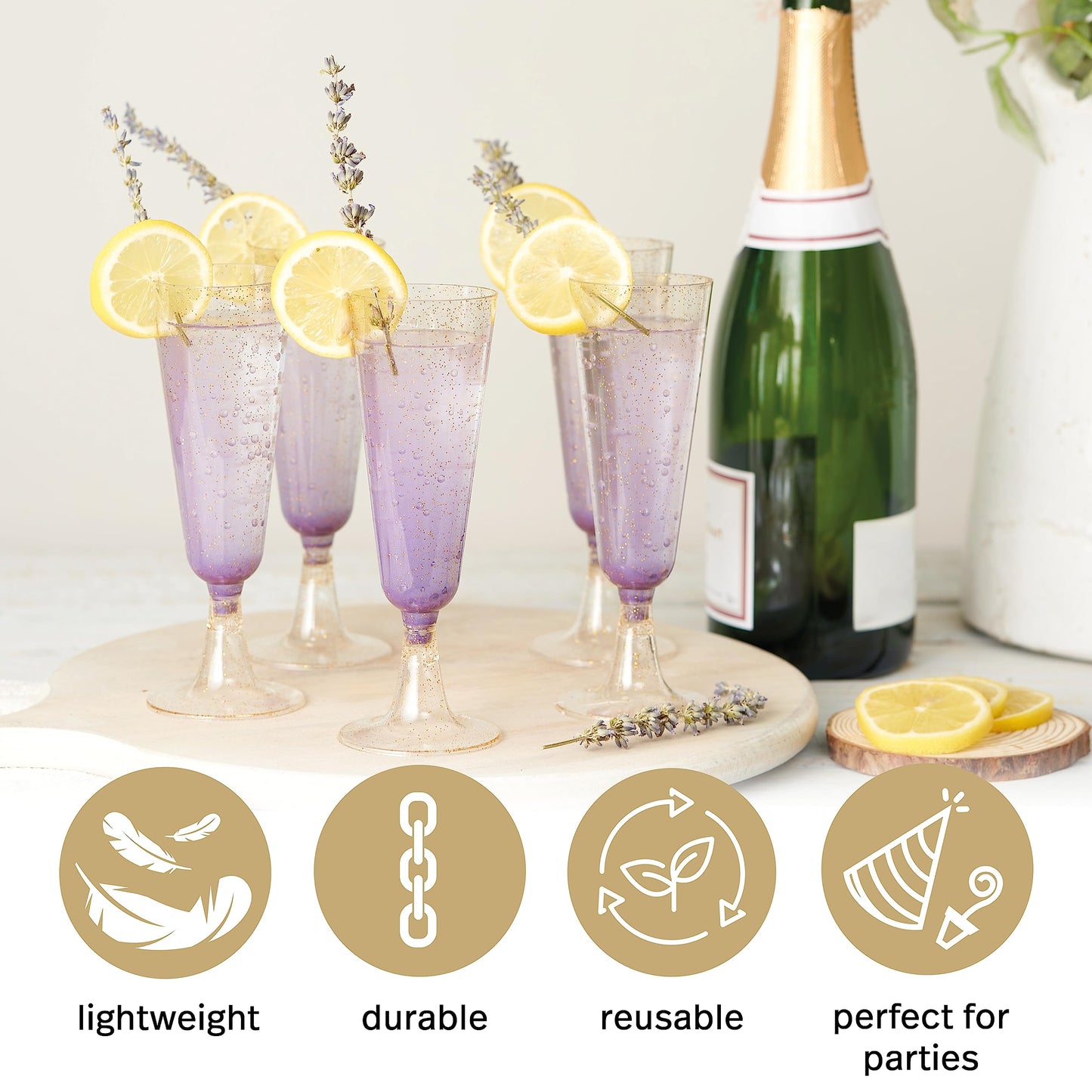 MATANA 50 Premium Sektgläser Plastik mit Goldglitter, 150ml - Sektgläser Mehrweg, Sektgläser Kunststoff, Champagner Gläser Plastik für Cocktail, Dessert - Plastik Sektgläser für Party, Hochzeit