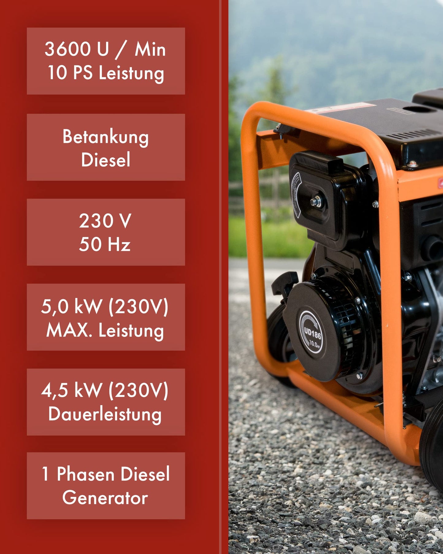 Stromerzeuger KW5500 1-Phasig 5000Watt Diesel Generator Notstromaggregat Orange