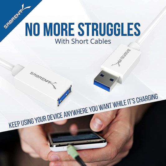 SABRENT USB Verlängerung 3.2x1 Kabel 1.8M, USB A Stecker auf A Buchse, Verlängerungskabel 5Gbps Superschnelle für USB-Stick, Tastatur, Drucker, Scanner, PS4, PS5, USB Hub, externe Festplatte (CB-306W)