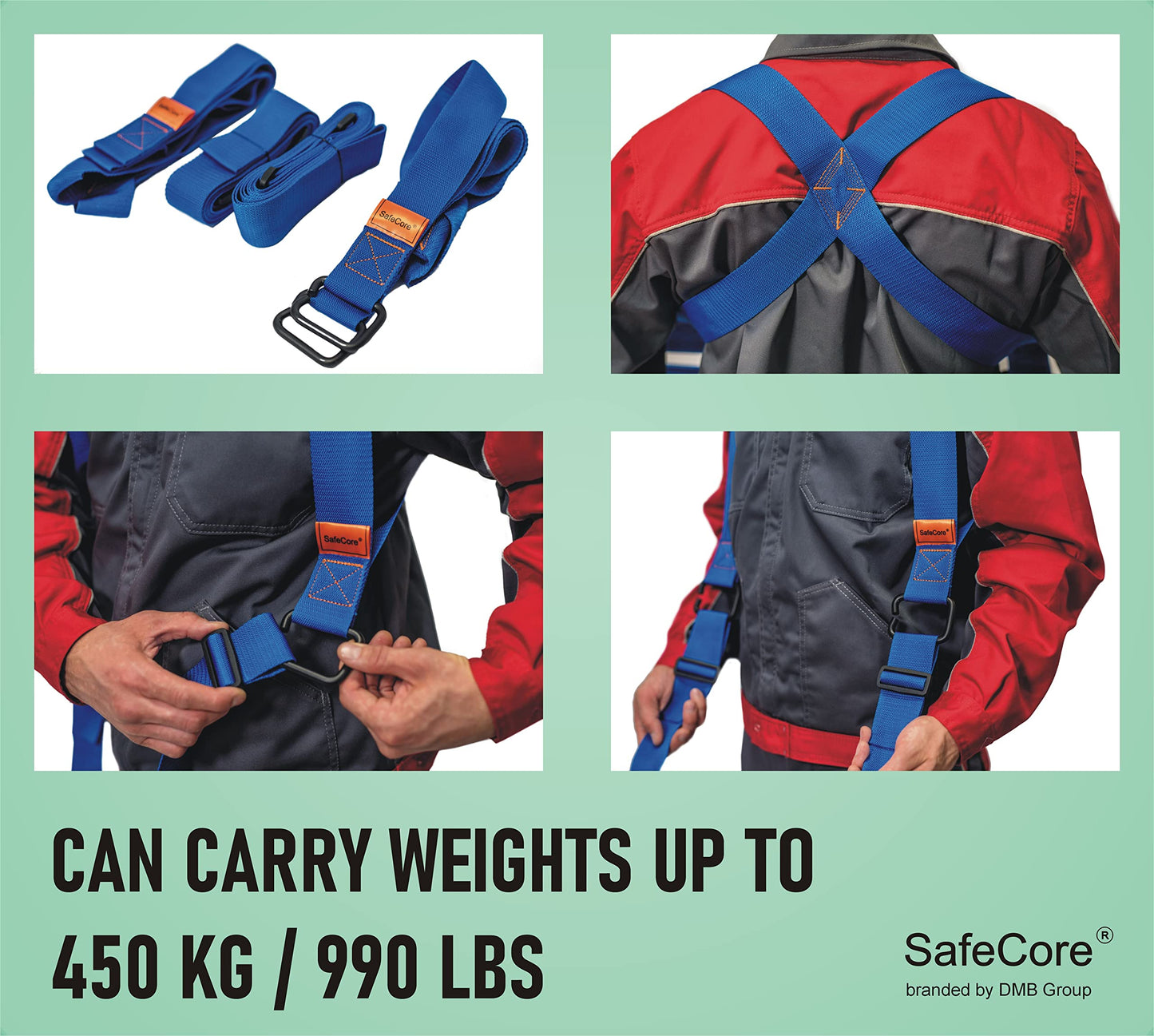 SafeCore - Tragegurte Umzug 2 Personen, Möbel Tragegurt für den Sicheren Transport von Möbeln, Haushaltsgeräten und Anderen Gegenständen, Belastung bis 450 kg, Spannweite von 3 m - Model 1