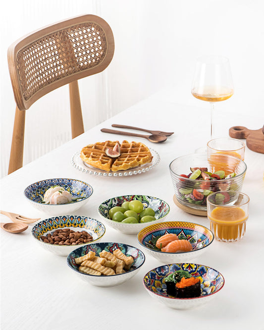 HENXFEN LEAD Snackschalen Keramik, 14cm Tapas Schalen Set Dipschalen Porzellan für Sauce, Soja, Sushi, Snack. Bunte, 6er Pack - Bohemian Style