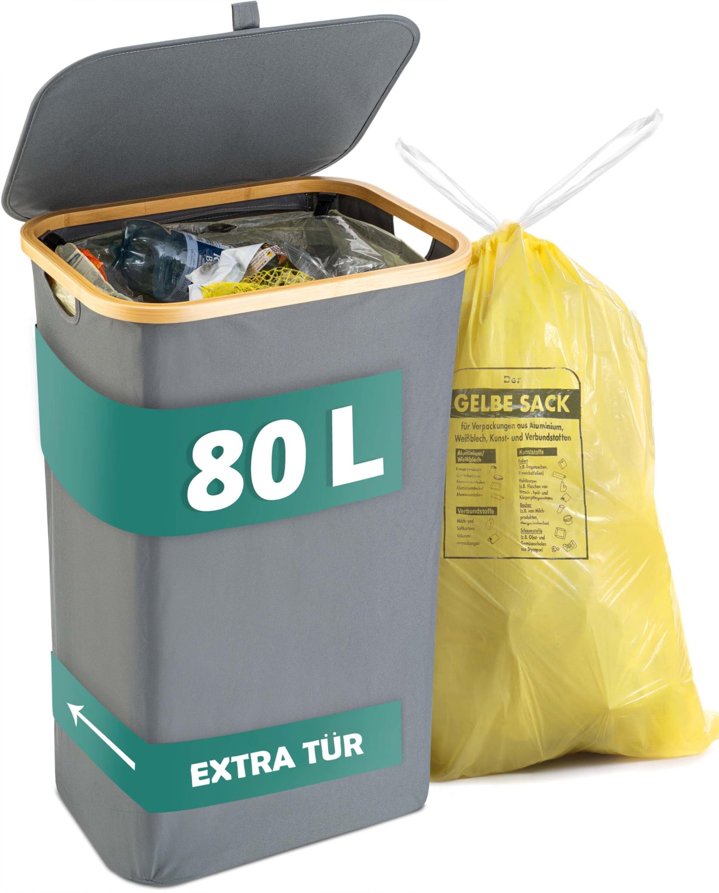 HOMELYN Gelber Sack Ständer 80L I Stabiler Müllsackständer I Leichte Entnahme durch Tür auf der Rückseite I Extra für gelbe Säcke I Gelber Sack Mülleimer I Behälter gelbe Säcke für Küche & Haushalt