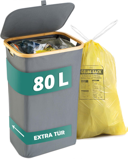 HOMELYN Gelber Sack Ständer 80L I Stabiler Müllsackständer I Leichte Entnahme durch Tür auf der Rückseite I Extra für gelbe Säcke I Gelber Sack Mülleimer I Behälter gelbe Säcke für Küche & Haushalt
