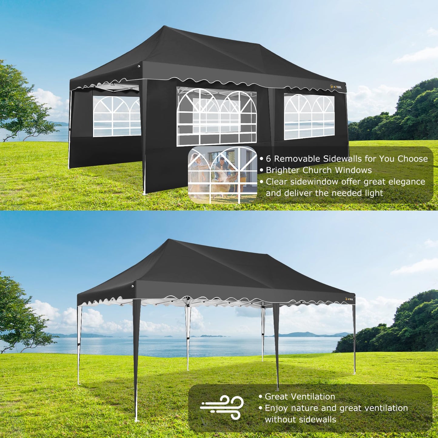 HOTEEL Faltpavillon 3x6 Pavillon Wasserdicht Stabil Partyzelt Faltbar, Faltzelt Mit 6 Seitenwänden & Rolltasche & 4 Sandsäcken, Einfacher Aufbau für Hochzeiten, Gewerbe, Partys, UV50+ Schutz, Schwarz