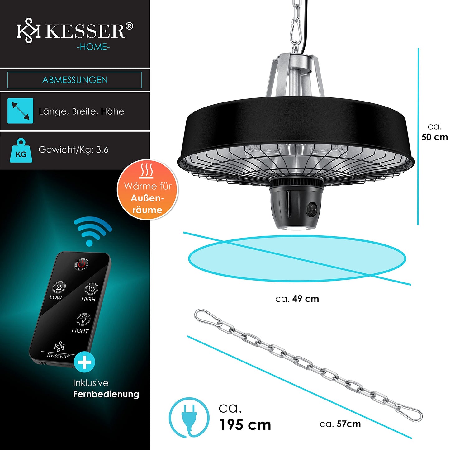 KESSER® Deckenheizstrahler Heizpilz Infrarot-Heizstrahler 2500W Terrassenstrahler mit Fernbedienung Quarzstrahler | LED Licht | Decke | Infrarotstrahler | mit Kette + Karabinerhaken Carbon-Heizelement