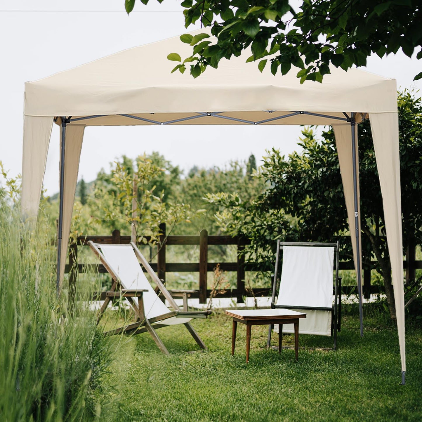 Angel Living 2.5 x 2.5M Faltbarer Pop up Pavillon Outdoor,Faltpavillon Gartenzelt Partyzelt,UV-Schutz 50+,2 Seitenwänden mit Reißverschlüssen für Außen, Garten, Camping Beige