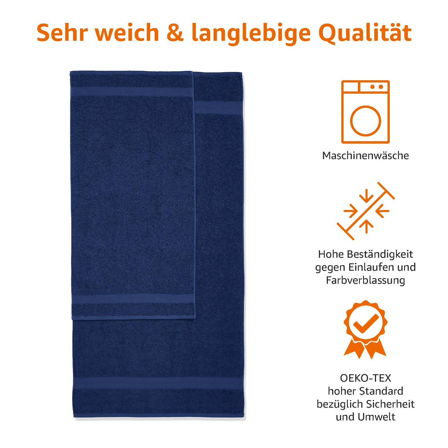 Amazon Basics – 4 Stück Badetuch-Set für Badezimmer, lichtbeständig, 100 % Baumwolle, weich und saugfähig, 2 Badetücher und 2 Handtücher, Königsblau