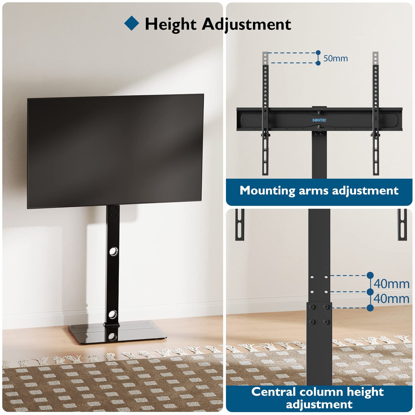 BONTEC TV Ständer Standfuß Fernsehstand für 30-70 Zoll Flach & Curved Fernseher bis zu 40 kg, Schwenkbar & Höhenverstellbar, TV Bodenständer Hoher, Max. VESA 600 x 400 mm